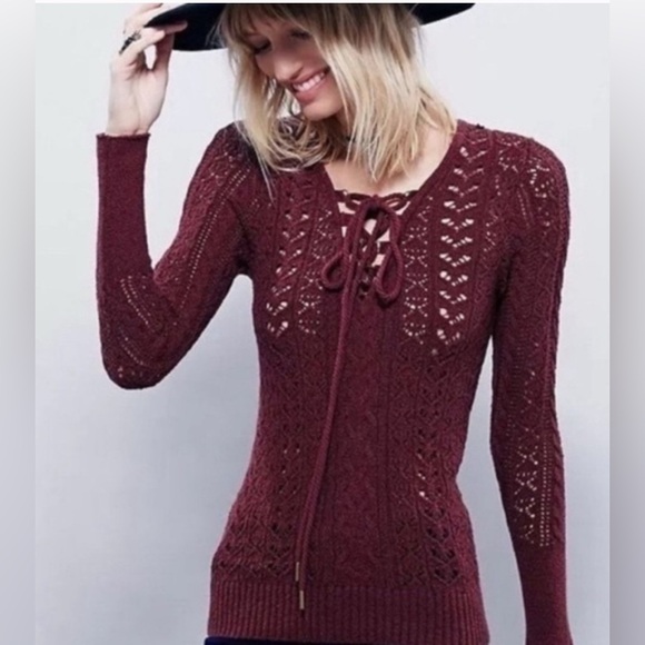 Free People open knit burgundy sweater Bonnie Vampire Diaries wore this style - Picture 6 of 12